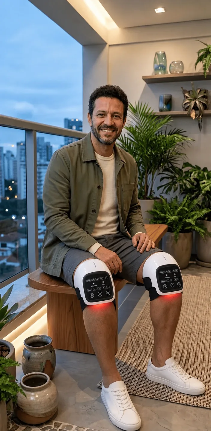 Homem usando dois aparelhos ARTICure nos joelhos